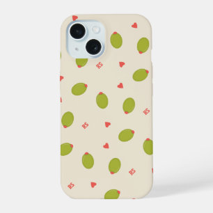 Speelse groene olijven, harten en initialenpatroon iPhone 15 hoesje