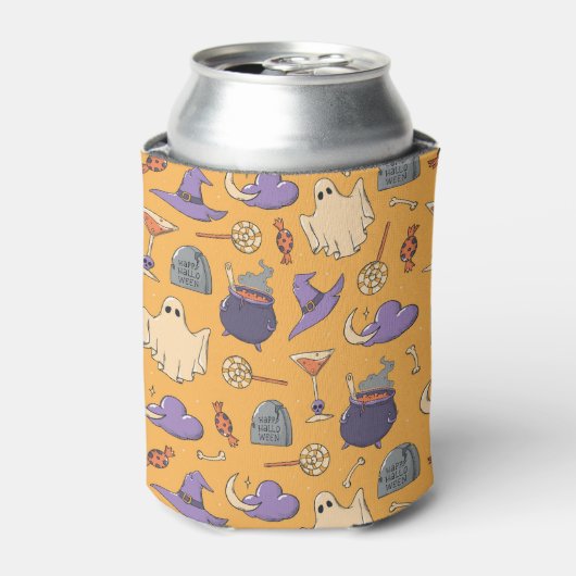 Speelse Halloween geesten en heksen patroon Blikjeskoeler (Blikje Voorkant)