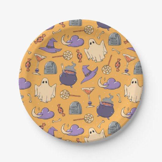 Speelse Halloween geesten en heksen patroon Papieren Bordje (Voorkant)
