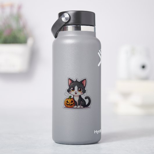 Speelse Halloween Kitten – Zwart en Witte Chibi Sticker (HydroFlask)
