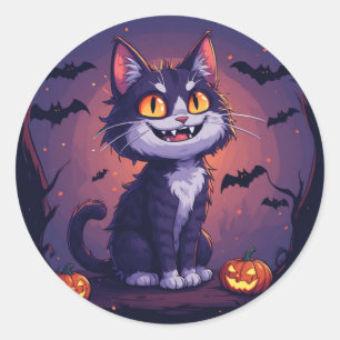 Speelse Halloweenkat Met Pompoenen En Vleermuizen Ronde Sticker