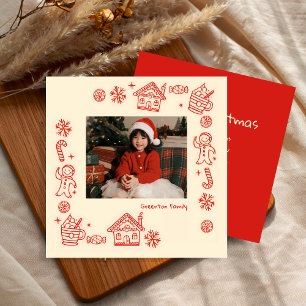 Speelse hand getekend rode doddle grillige kerst feestdagenkaart