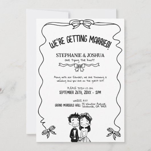 Speelse Hand Getrokken Bruid en Bruidegom Kaart (Voorkant)