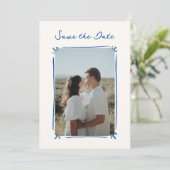 Speelse handgetekende blauwe Save the Date Kaart (Staand voorkant)
