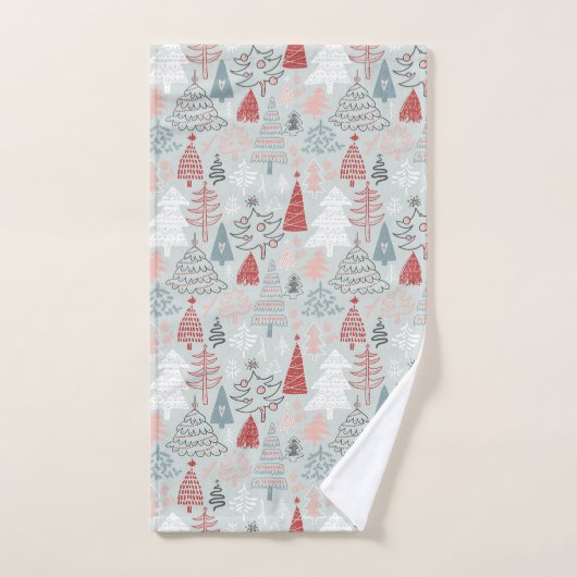 Speelse handgetekende kerstbomen rood salie groen bad handdoek (Handdoek)