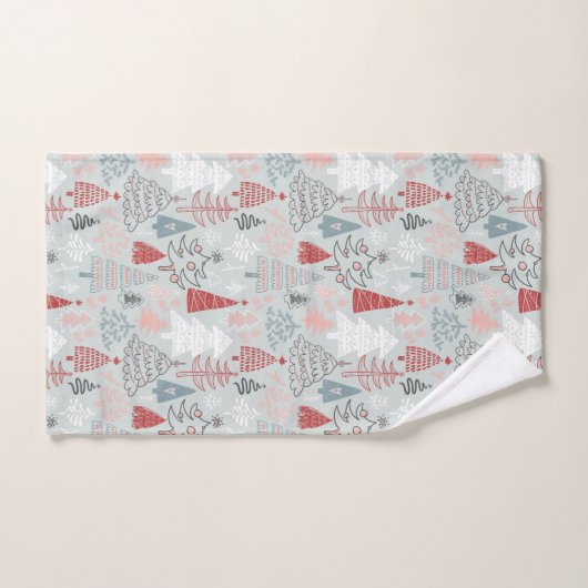 Speelse handgetekende kerstbomen rood salie groen bad handdoek (Handdoek)