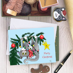 Speelse Hangende Kerstboom Grijze Kat Kaart