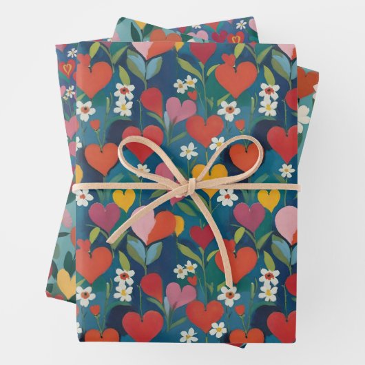 Speelse harten Bloemen Inpakpapier Vel (In situ)