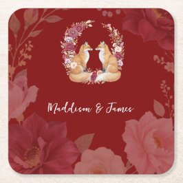 Speelse Herfst Fox bruiloft Vierkante Kartonnen Onderzetter