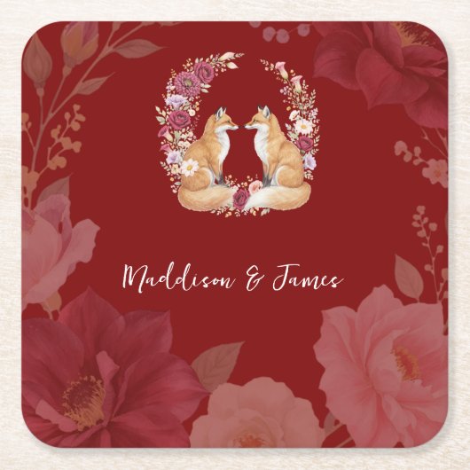 Speelse Herfst Fox bruiloft Vierkante Kartonnen Onderzetter (Voorkant)