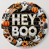 Speelse 'Hey Boo' Halloween Pin - Geesten, Pompoen Ronde Button 6,0 Cm (Voorkant)