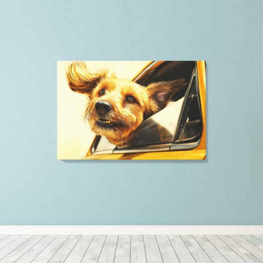 Speelse hond genieten van autorit Art Print (Insitu (Houten vloer))