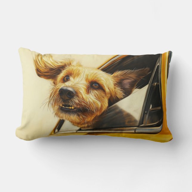 Speelse hond genieten van autorit Art Print Kussen (Voorkant)