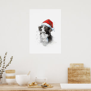 Speelse hond in Santa Hat met sneeuwvlokken Poster