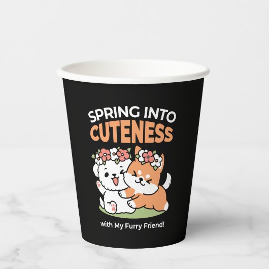 Speelse honden met bloemenkronen – Fun Spring Them Papieren Bekers (Voorkant)