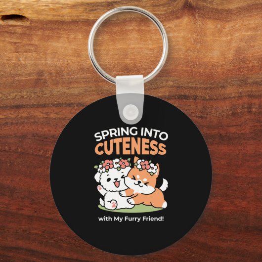 Speelse honden met bloemenkronen – Fun Spring Them Sleutelhanger (Voorkant)