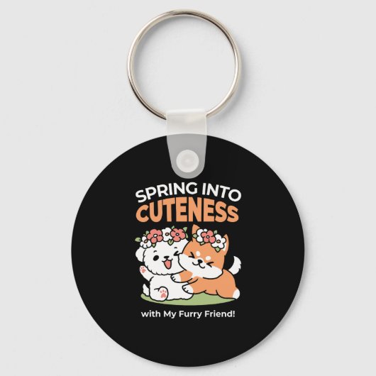 Speelse honden met bloemenkronen – Fun Spring Them Sleutelhanger (Achterkant)