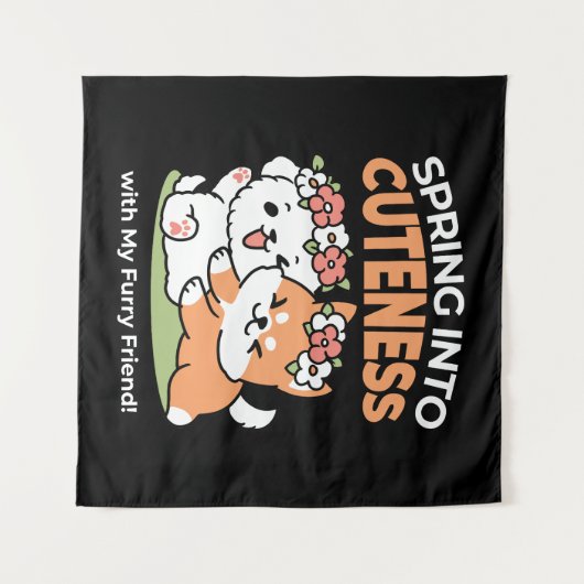 Speelse honden met bloemenkronen – Fun Spring Them Wandkleed (Voorkant (horizontaal))