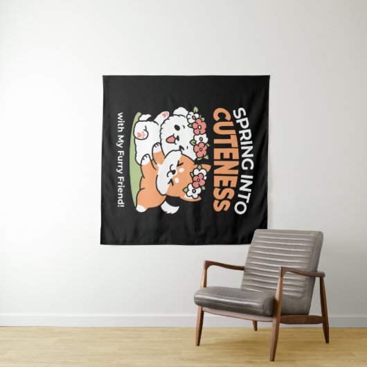 Speelse honden met bloemenkronen – Fun Spring Them Wandkleed (In Situ (horizontaal))