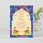 Speelse Indiase bruiloft olifanten blauw geel hald Kaart (Staand voorkant)