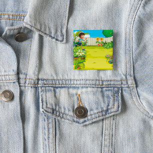 Speelse jongen die in een weelderige groene achter vierkante button 5,1 cm