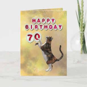 Speelse kat en 70e Happy Birthday ballonnen Kaart