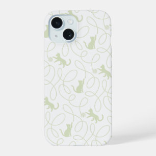 Speelse Kat en Garentbal Patroon Licht Saliegroen iPhone 15 Hoesje
