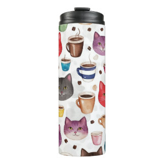 Speelse Kat en Koffie Doodle Patroon Thermosbeker