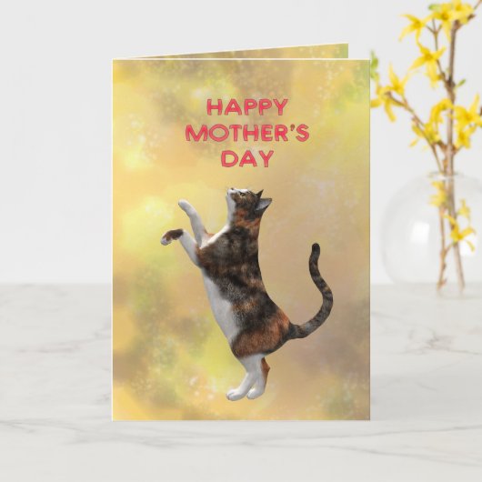 Speelse kat en Moederdag Kaart (Gele Bloem)