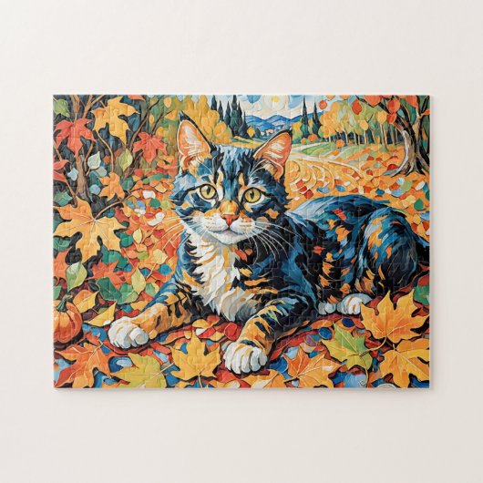 Speelse kat in herfstbladeren legpuzzel (Horizontaal)