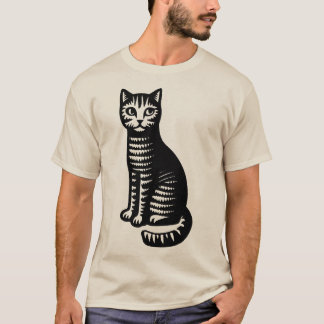Speelse kat in houtsnijstijl t-shirt