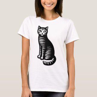 Speelse kat in houtsnijstijl t-shirt
