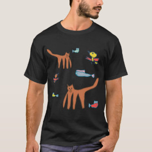 Speelse kat & vis patroon t-shirt