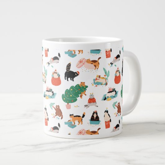 Speelse katten en kerstbomen patroon extra grote beker (Voorkant rechts)