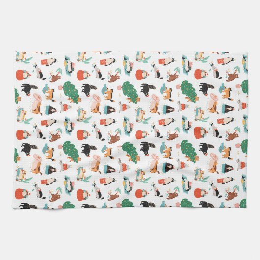 Speelse katten en kerstbomen patroon theedoek (Horizontaal)