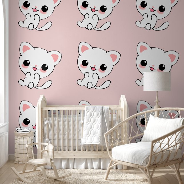 Speelse Kawaii White Kitten op Roze Behang (Kinderen)