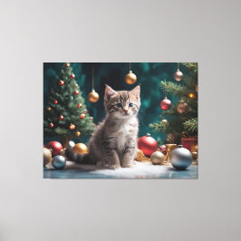 Speelse Kerstkitten bij de boom met Ornament Canvas Afdruk