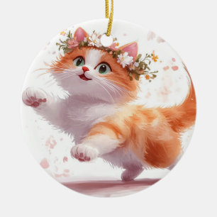 Speelse Kitten met Madeliefjes Kroon Keramisch Ornament