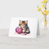 Speelse Kitten Paarse Roze Garens Blank Groet Kaart (Gele Bloem)