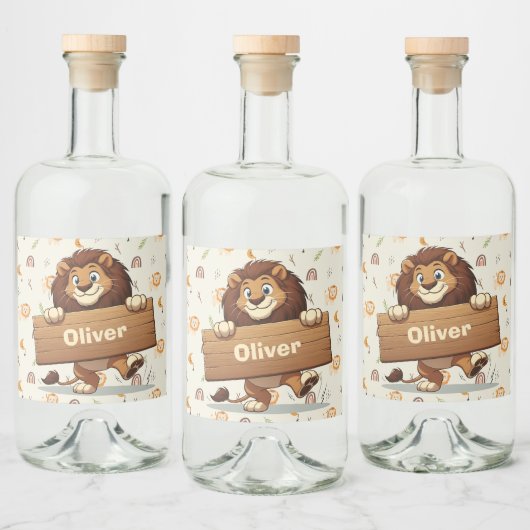 Speelse Leeuw met Houten Naam Bord Likeurfles Etiket (Flessen)