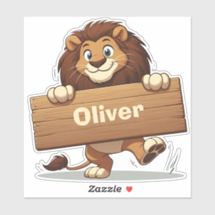 Speelse Leeuw met Houten Naambord Sticker