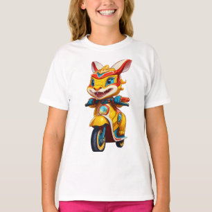 Speelse Lion Dance Bunny op Scooter T-shirt