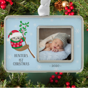 Speelse Luiaard Eerste Kerstfoto Verzilverd Kader Ornament