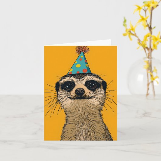 Speelse Meerkat Verjaardag Kaart (Gele Bloem)