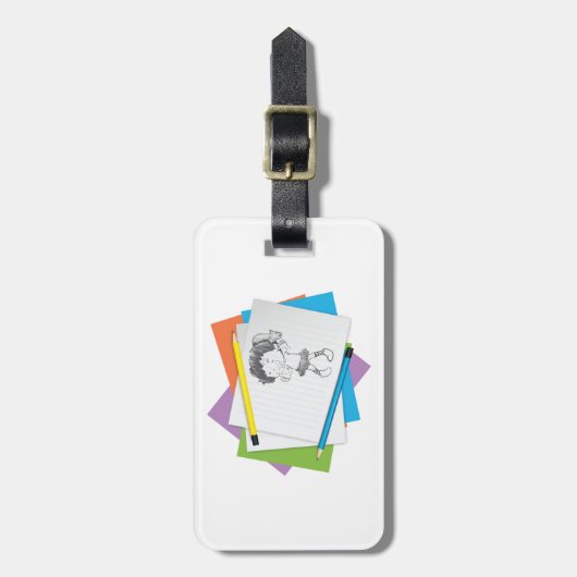 Speelse meisje schets tekening met kleurrijke potl bagagelabel (Voorkant verticaal)
