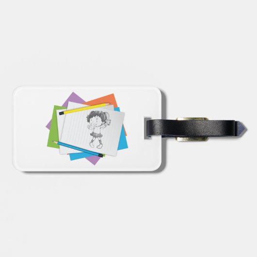 Speelse meisje schets tekening met kleurrijke potl bagagelabel (Achterkant horizontaal)