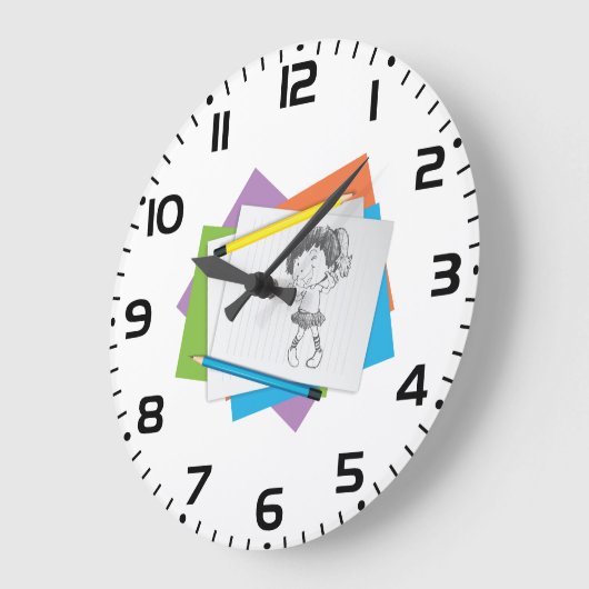 Speelse meisje schets tekening met kleurrijke potl grote klok (Hoek)