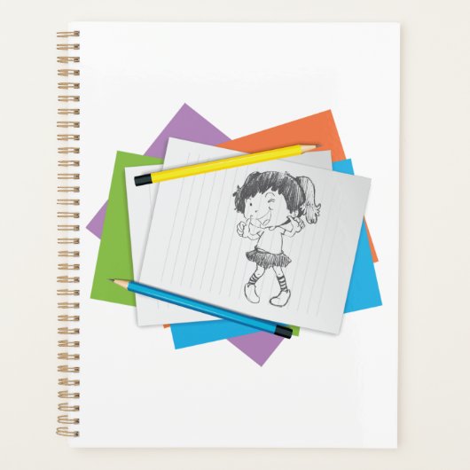 Speelse meisje schets tekening met kleurrijke potl planner (Voorkant)