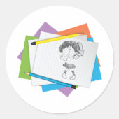 Speelse meisje schets tekening met kleurrijke potl ronde sticker (Voorkant)