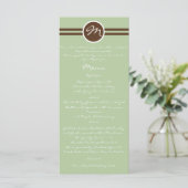 Speelse Monogram in Sage Groen Bruin Bruiloft Menu (Staand voorkant)